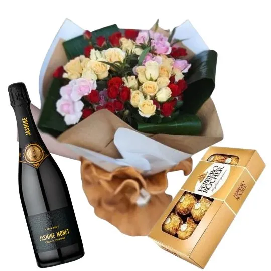 Ramo de rosas spray rocher x8 y espumante